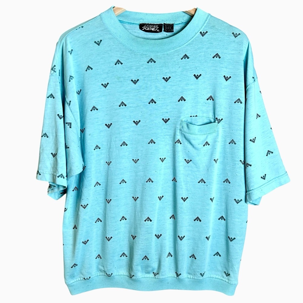 VTG 80s Street Scene Geometric Shirt M Banded Bottom Loose Fit Retro Hiphop XL